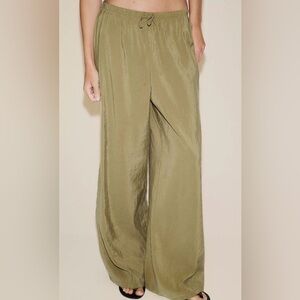 Zara Olive Green Wide-Leg Satin Pants
